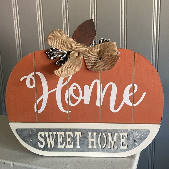 NWT HOME SWEET HOME Slatted Solid Wood & Galvanized Pumpkin Decor Sign 🍁s & Bow - Picture 3 of 17